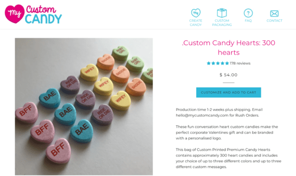 Candy hearts with phrases like ’Wifey’ and ’BFF’ on a product page on Mycustomcandy.com