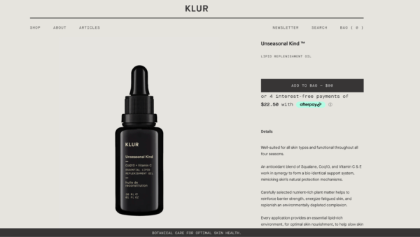 Skin-care brand Klur's product pages feature the same font as their packaging for a cohesive feel.