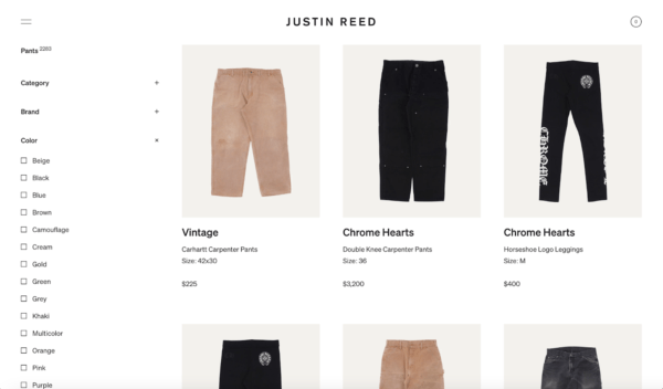 On the Justin Reed site, you can filter by category, brand, color, and more.