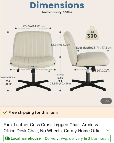 Temu product listing photo of a white desk chair with dimension details displayed.