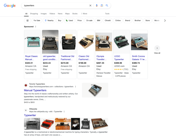 Google search results page with typewriters for sale, showing images, prices, and star ratings.