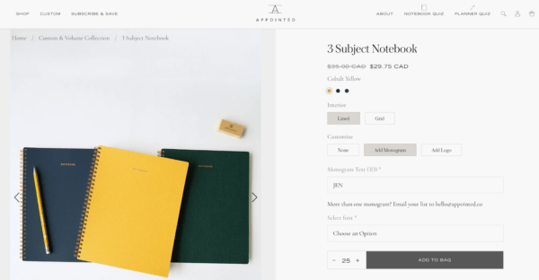 Product page for customizable notebooks, with options to add monogram, and select font.