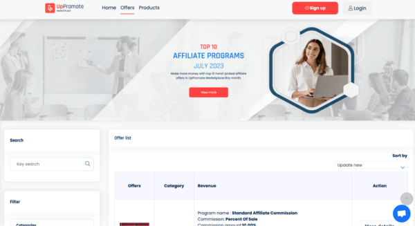 UpPromote dashboard showcasing top 10 affiliate programs with filter options.